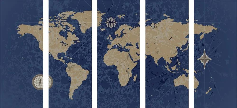 Παγκόσμιος χάρτης εικόνας 5 μερών με πυξίδα σε ρετρό στυλ σε μπλε φόντο - 200x100