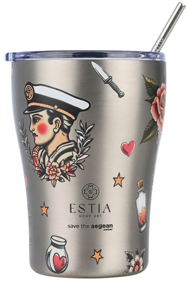 Ποτήρι - Θερμός Με Καλαμάκι Old School Ink Save The Aegean 01-31770 350ml Silver-Multi Estia
