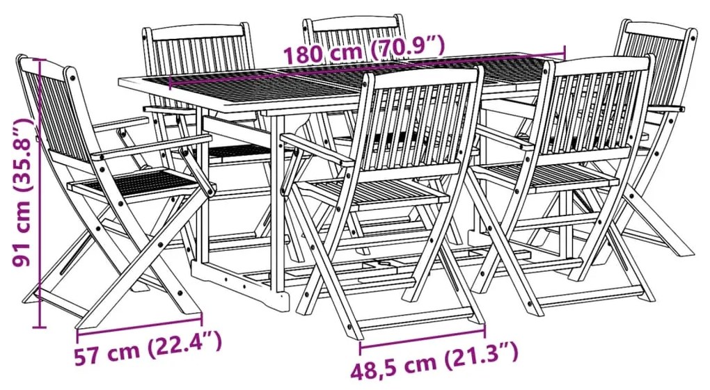 Σετ Τραπεζαρίας Κήπου 7 Τεμαχίων 180x90x75 εκ. Μασίφ Ακακία - Καφέ