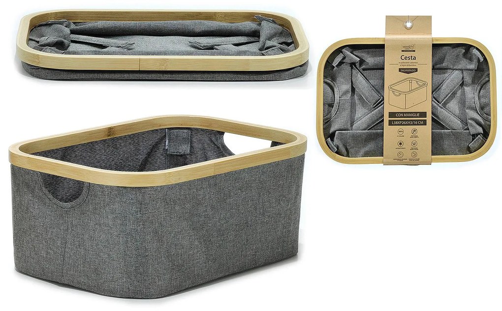 Καλάθι Αποθήκευσης Πτυσσόμενο Με Polyester 600D Θήκη Και Λαβές Γκρι/Φυσικό Ύφασμα/Ξύλο 38x26x16cm