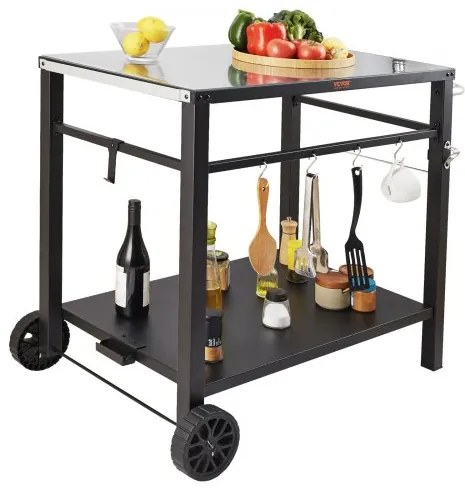 VEVOR Outdoor Grill Dining Cart with Double-Shelf, BBQ Movable Food Prep Table, Multifunctional Iron Table Top, Portable Modular Carts for Pizza Oven, Worktable with 2 Wheels, Carry Handle, Black