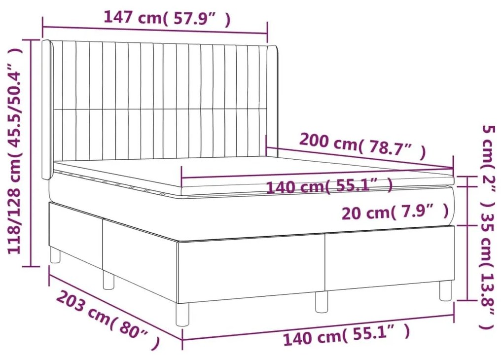 Κρεβάτι Boxspring με Στρώμα &amp; LED Αν.Γκρι 140x200 εκ. Βελούδινο - Γκρι