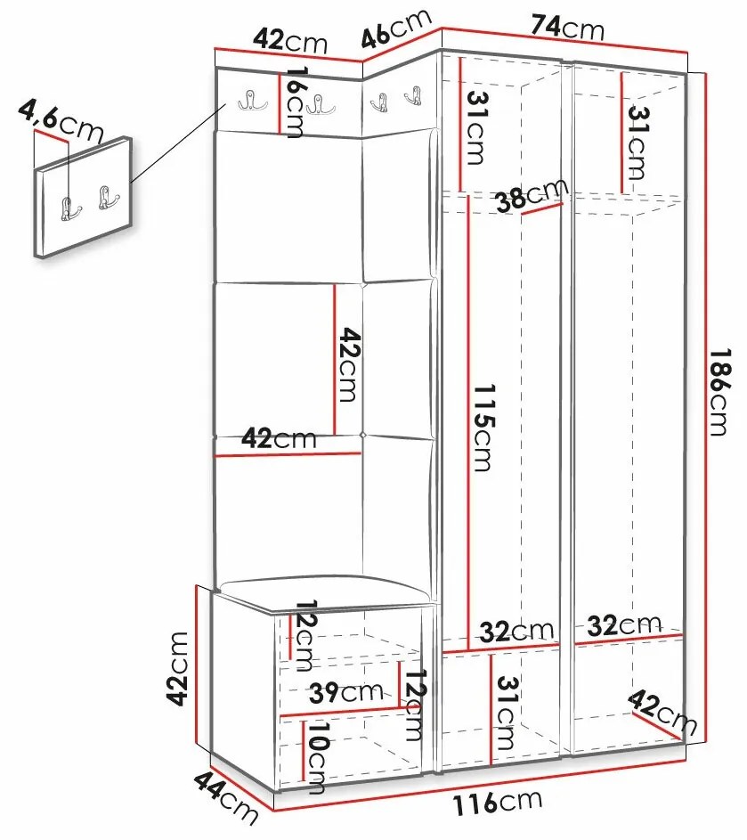 Σετ διαδρόμου Hartford 379, 186x116x46cm, Άσπρο, Μαύρο, Ταπισερί, Ινοσανίδες μέσης πυκνότητας, Πλαστικοποιημένη μοριοσανίδα, Τοίχου, Εντοιχισμένη