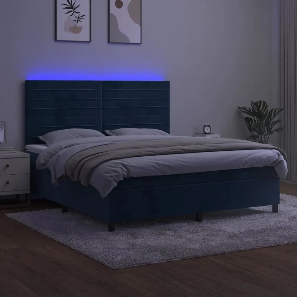 Κρεβάτι Boxspring με Στρώμα &amp; LED Σκ. Μπλε 160x200εκ. Βελούδινο - Μπλε