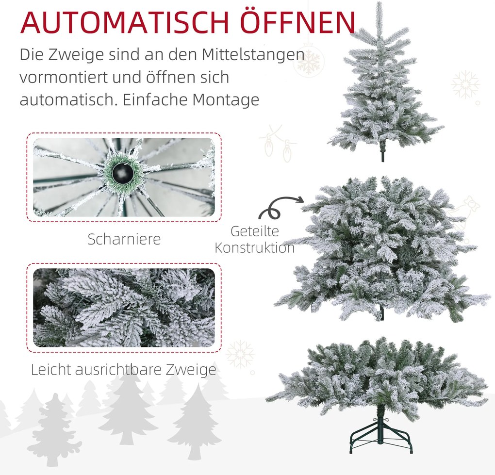 HOMCOM Χριστουγεννιάτικο Δέντρο 180 cm, με Τεχνητό Χιόνι, Ανθεκτικό στη Φωτιά, Γρήγορη Συναρμολόγηση και Αποσυναρμολόγηση, Μεταλλική Βάση