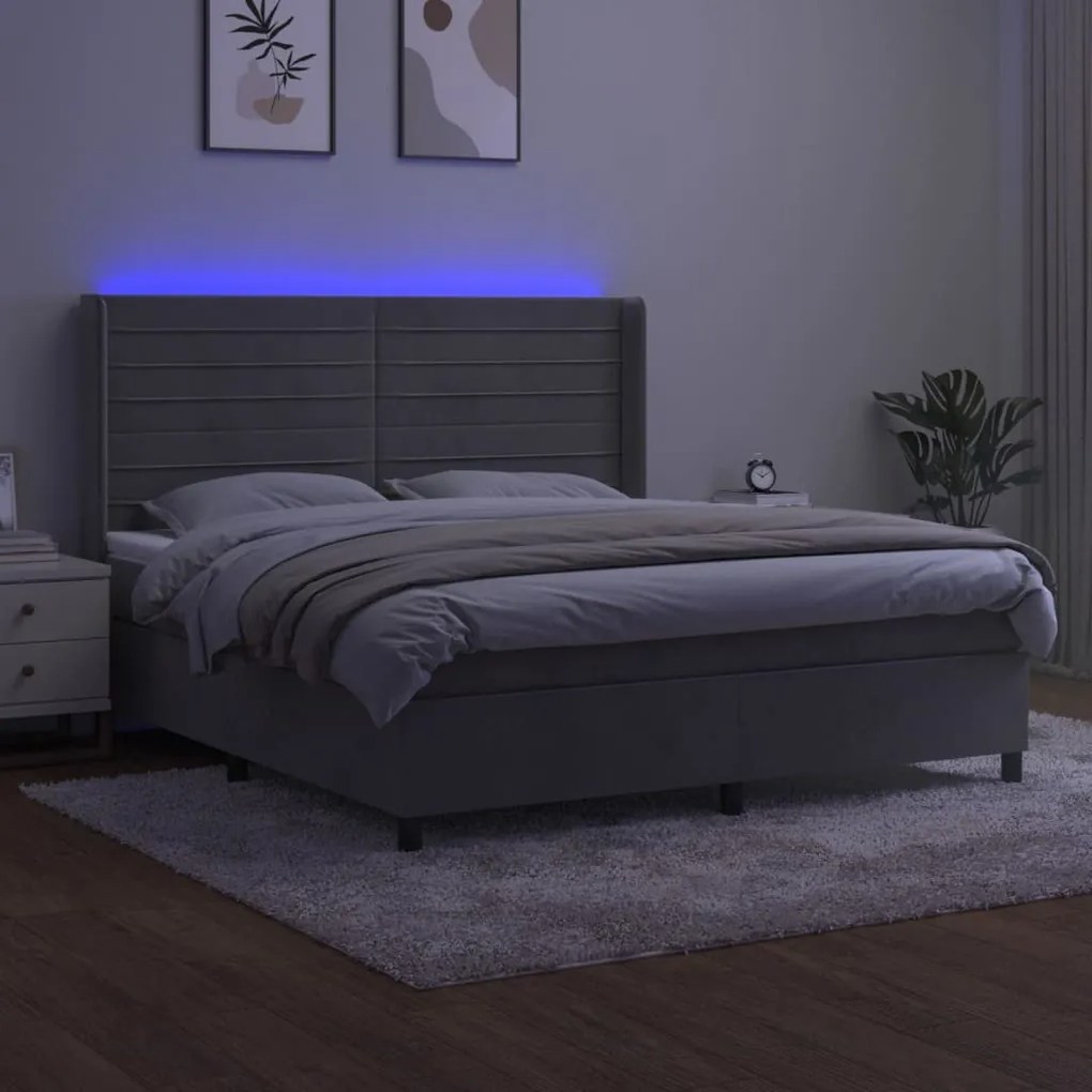 vidaXL Κρεβάτι Boxspring με Στρώμα & LED Αν.Γκρι 180x200 εκ. Βελούδινο