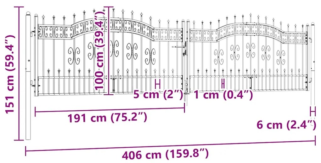 vidaXL Πόρτα Περίφραξης με Κορυφή Δόρυ Μαύρη 406x100 εκ. από Ατσάλι με Ηλεκτροστατική Βαφή