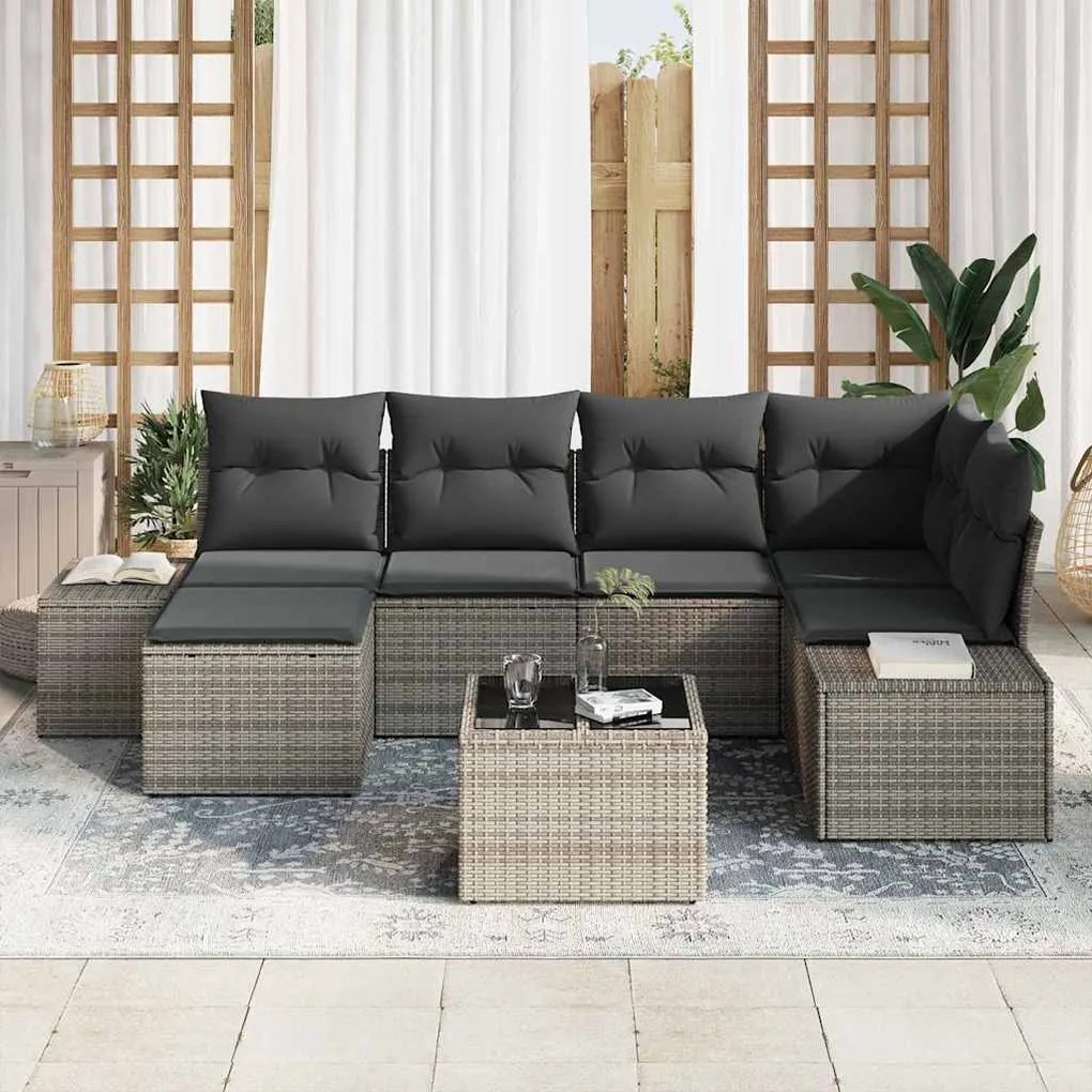 vidaXL Σετ Καναπέ Κήπου με μαξιλάρι 7 pcs Γκρι Πολυ ράταν