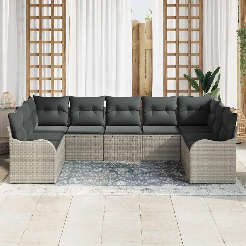 vidaXL Σετ Καναπέ Κήπου με μαξιλάρι 9 pcs Ανοιχτό γκρι Πολυ ράταν