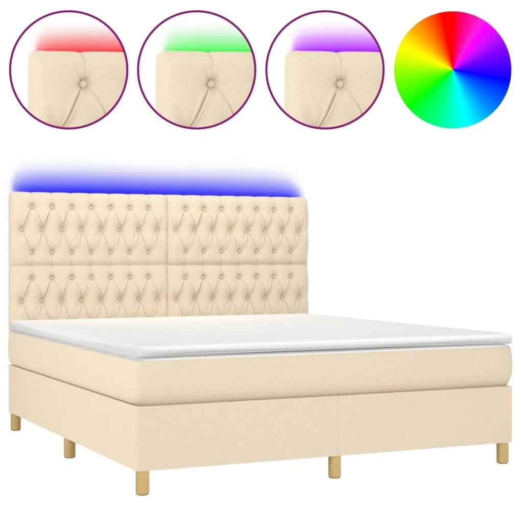 Κρεβάτι Boxspring με Στρώμα &amp; LED Κρεμ 160x200 εκ. Υφασμάτινο - Κρεμ