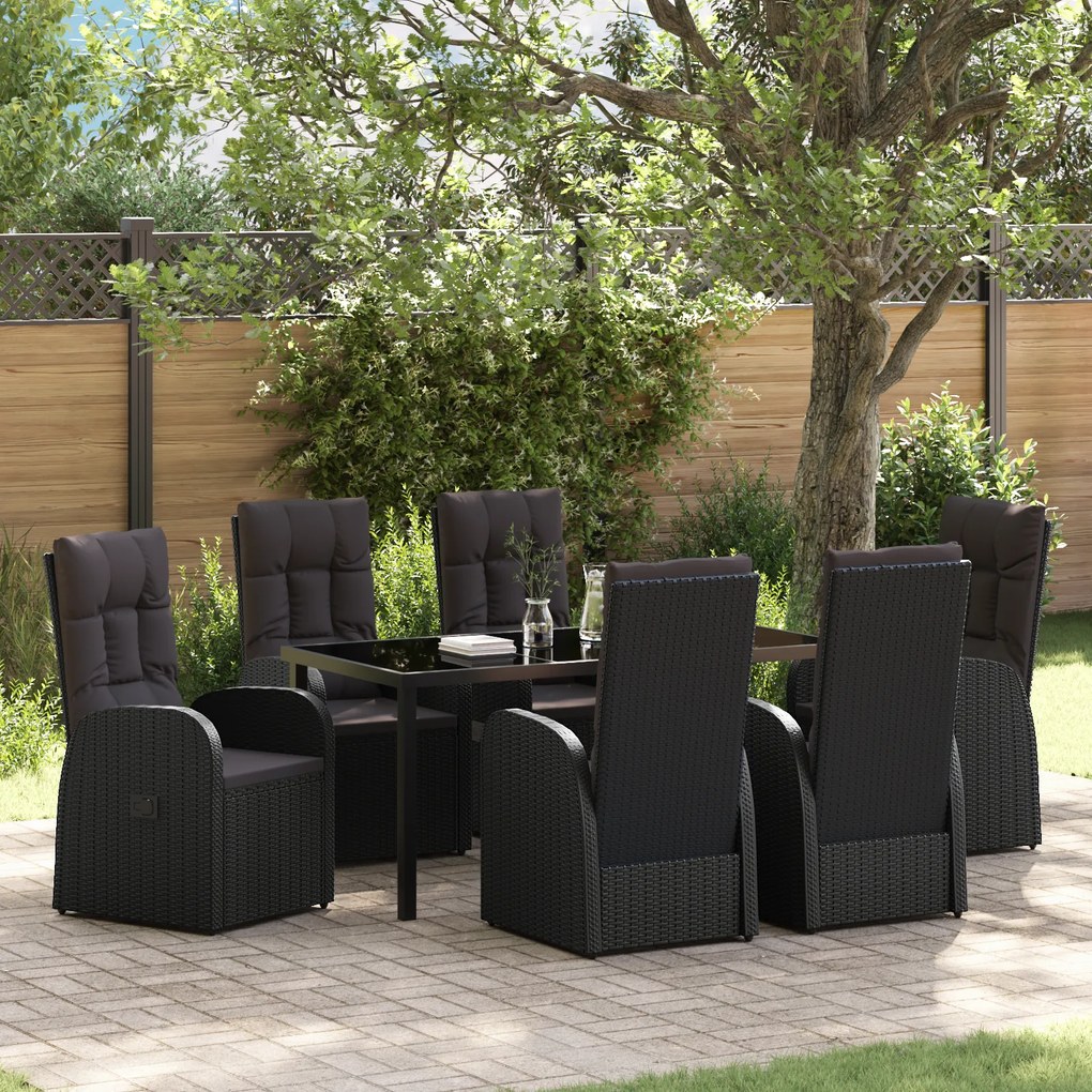 vidaXL Set με 7 κομμάτια για Δείπνο Κήπου με Μαξιλάρια - Μαύρη Πολυ Ράτα
