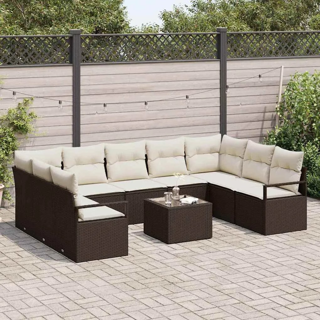 vidaXL Σετ Καναπέ Κήπου 10 pcs Καφέ, Κρέμα Πολυ rattan, βαμμένο ατσάλι