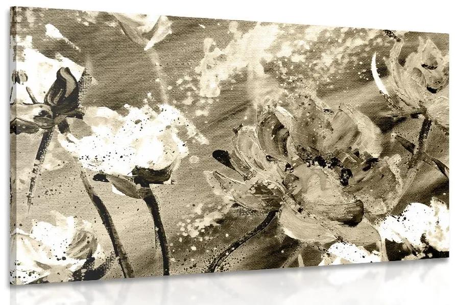 Εικόνα ζωγραφισμένα λουλούδια σε σχέδιο σέπια - 120x80