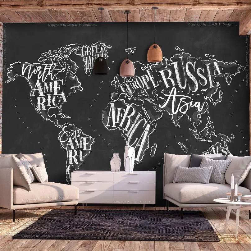 Αυτοκόλλητη φωτοταπετσαρία - Retro Continents (Black) - 196x140