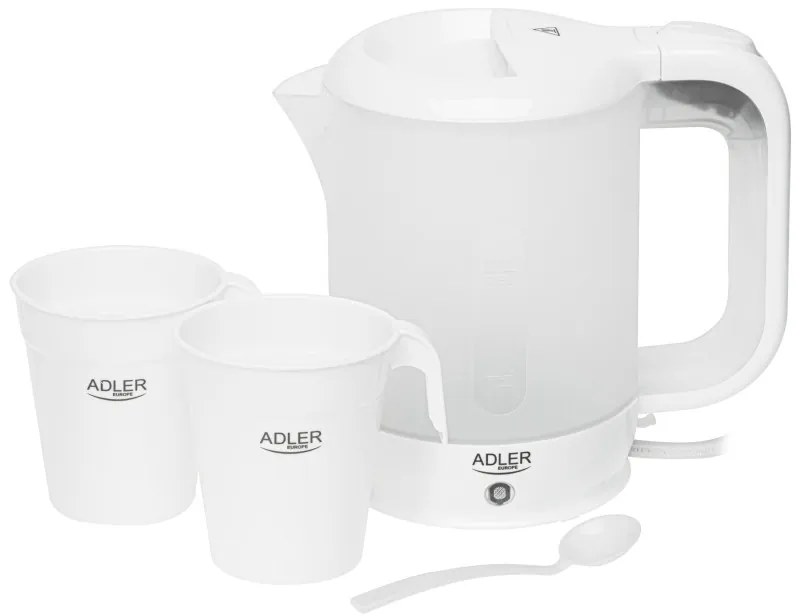 Ηλεκτρικός βραστήρας Adler AD 1381, 900W, 0.5 l, 2 φλιτζάνια και κουτάλα, Επίπεδο θερμαντικό στοιχείο, Προστασία υπερθέρμανσης, Λευκό