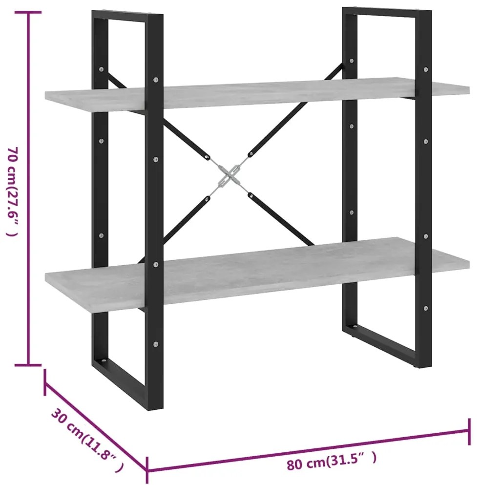 Βιβλιοθήκη με 2 Ράφια Γκρι Σκυρ. 80 x 30 x 70 εκ. Επεξ. Ξύλο - Γκρι