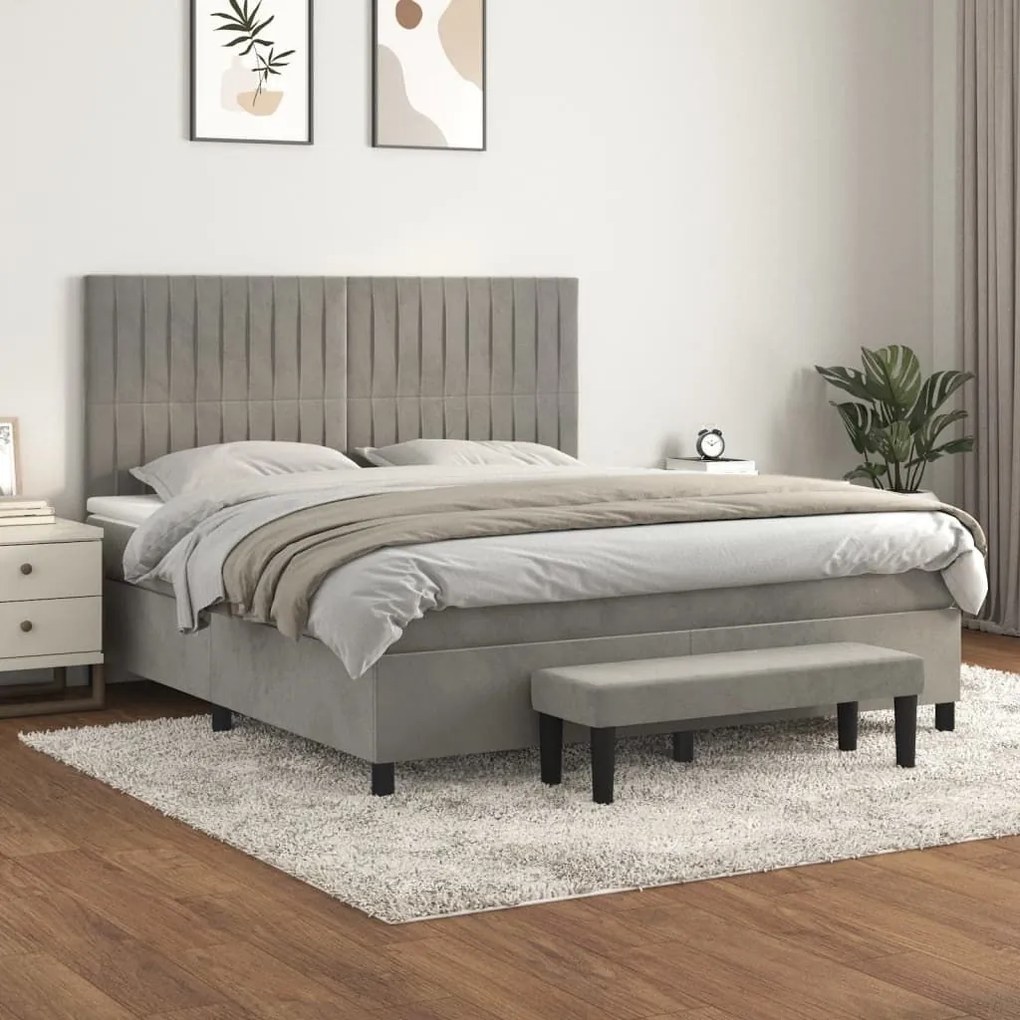 Κρεβάτι Boxspring με Στρώμα Ανοιχτό Γκρι 160x200 εκ. Βελούδινο - Γκρι