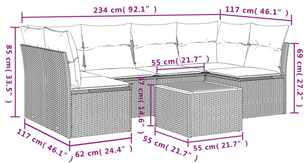 vidaXL Καναπές Σετ 7 Τεμαχίων Μαύρο Συνθετικό Ρατάν με Μαξιλάρια