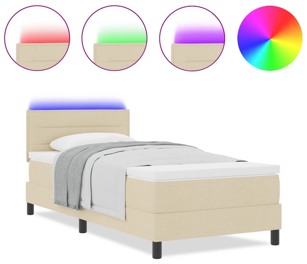 vidaXL Κρεβάτι με ελατήριο με Στρώμα & LED Κρέμα 90x200 εκ. Ύφασμα