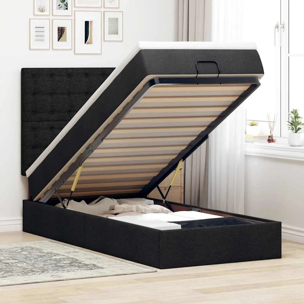 vidaXL Οθωμανικό κρεβάτι με στρώμα &amp; LEDs Μαύρο 80x200cm ύφασμα