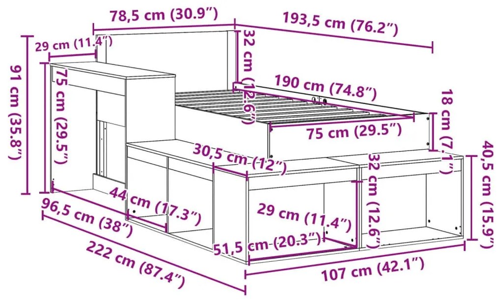 Σκελετός Κρεβατιού Χωρίς Στρώμα 75x190 εκ Μασίφ Ξύλο Πεύκου - Καφέ