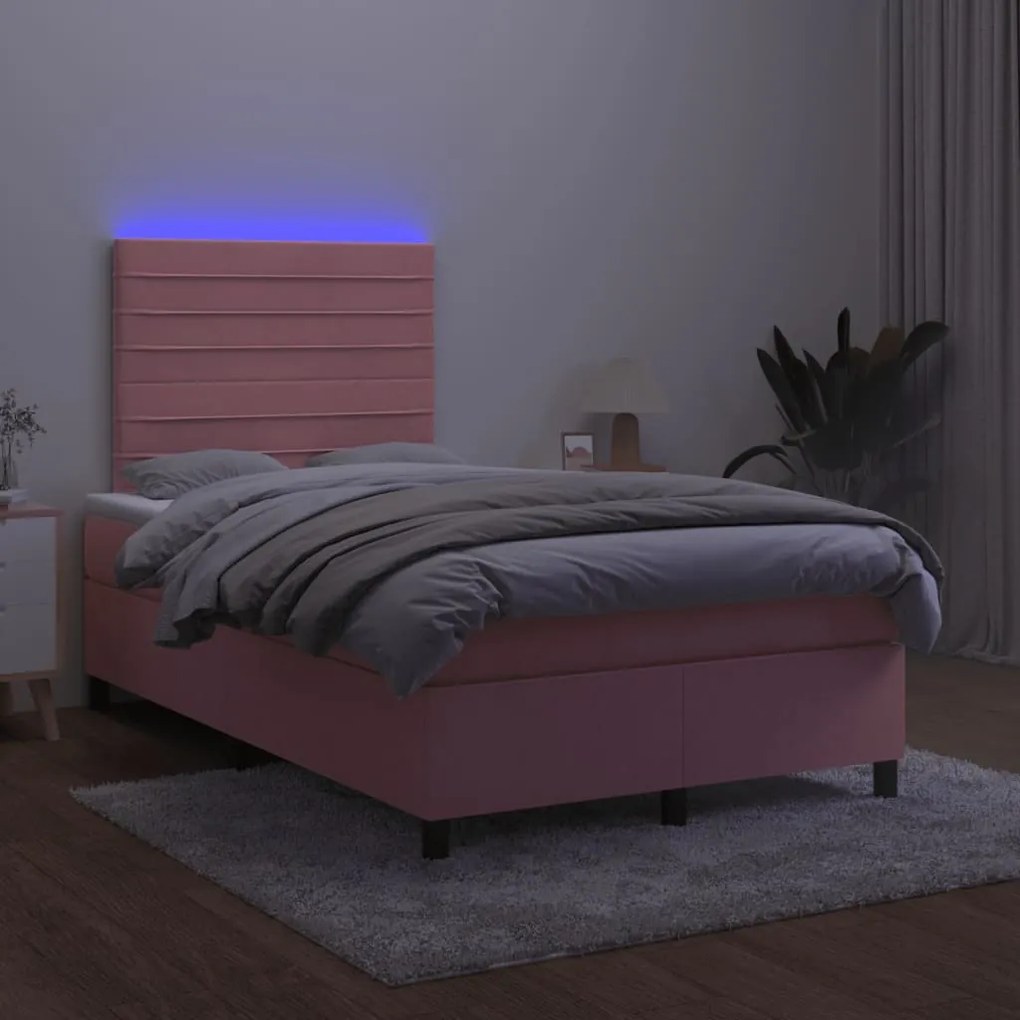 vidaXL Κρεβάτι Boxspring με Στρώμα &amp; LED Ροζ 120x190 εκ. Βελούδινο