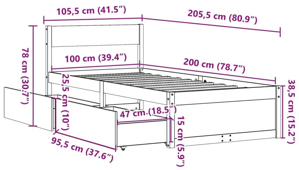 Σκελετός Κρεβατιού Χωρίς Στρώμα 100x200 εκ. Μασίφ Πεύκο - Καφέ