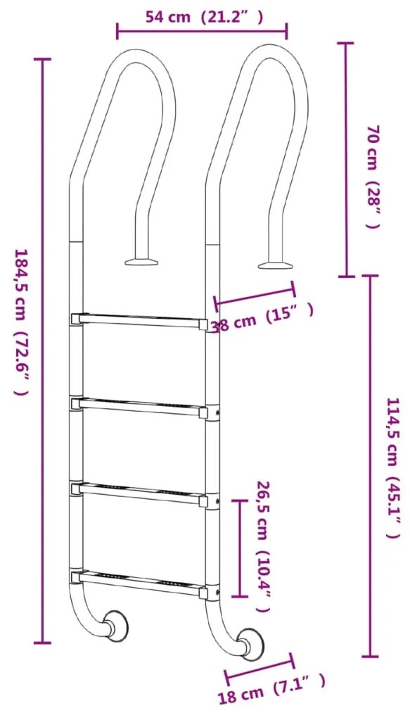 vidaXL Σκάλα Πισίνας 54 x 38 x 184,5 εκ. από Ανοξείδωτο Ατσάλι 304