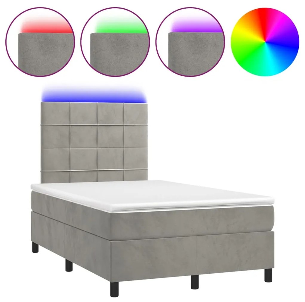 Κρεβάτι Boxspring με Στρώμα &amp; LED Αν.Γκρι 120x200 εκ. Βελούδινο - Γκρι