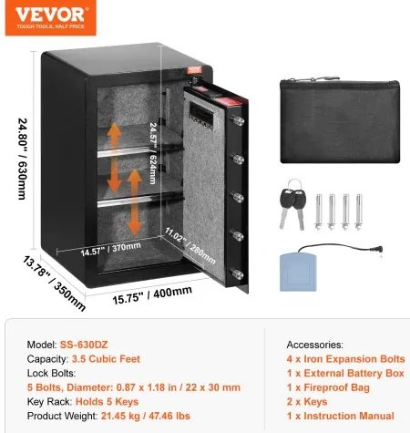 VEVOR Single Door 4.0 cu.ft Safe Box with Key Lock &amp; Password LED Light Black