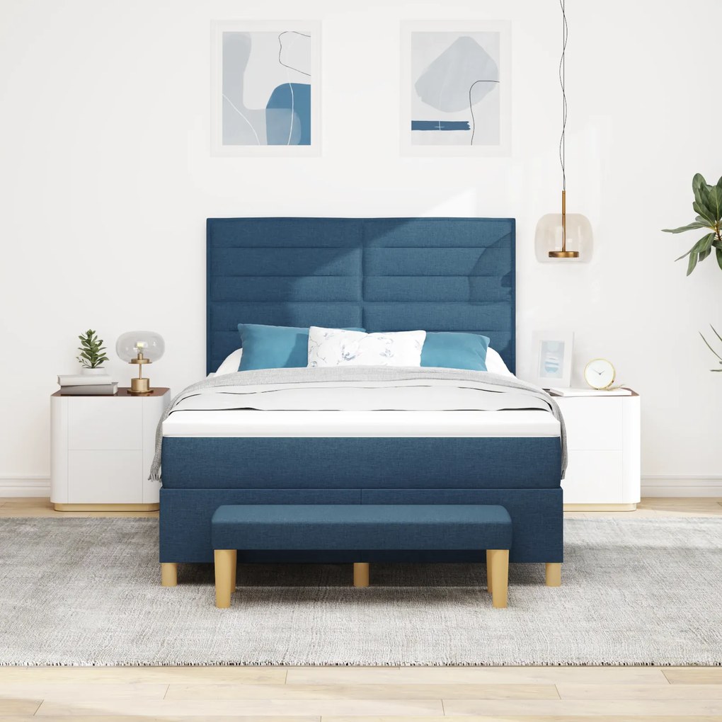 vidaXL Κρεβάτι Box Spring με Στρώμα & Πάγκο Μπλε 140x200 cm Υφασμάτινο