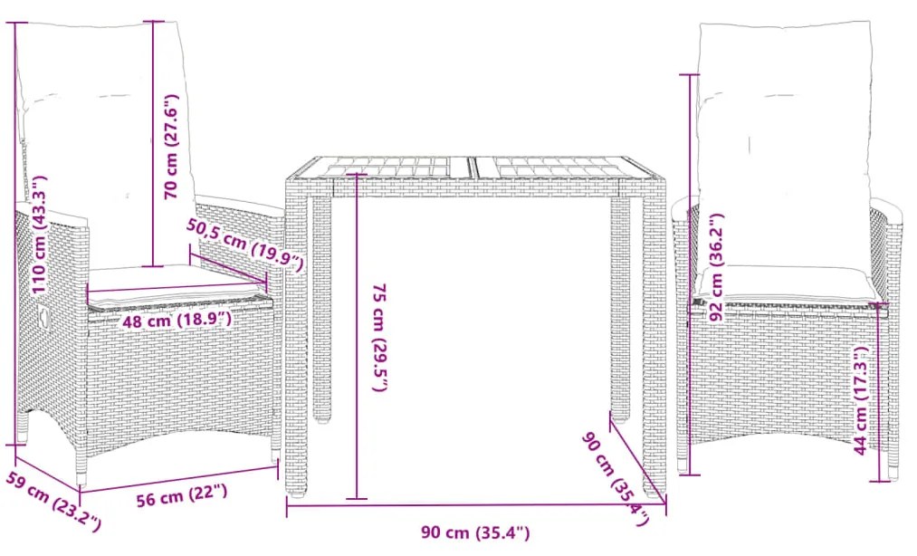 vidaXL Σετ Επίπλων Bistro 3 τεμ Γκρι Συνθετικό Ρατάν με Μαξιλάρια