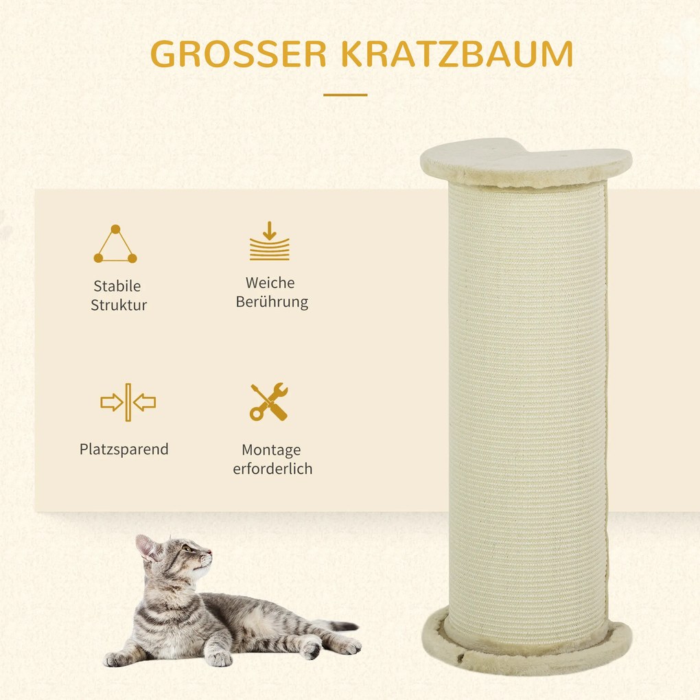 Γωνιακός πίνακας ξυσίματος για γάτες PawHut, εξοικονόμηση χώρου, 35 x 35 x 85 cm, Κρεμ Λευκό