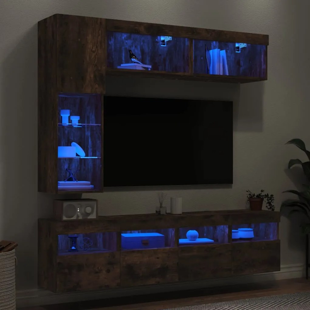 vidaXL Ντουλάπια Τηλεόρασης Τοίχου 7 τεμ. με Φώτα LED Καπνιστή Δρυς