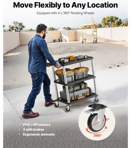 VEVOR 3-shelf Utility Cart 300 lbs 27.6 x 18.1-inch Service Cart with Wheels