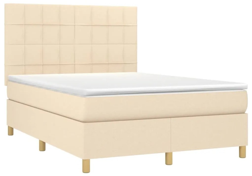 Κρεβάτι Boxspring με Στρώμα &amp; LED Κρεμ 140x190 εκ. Υφασμάτινο - Κρεμ