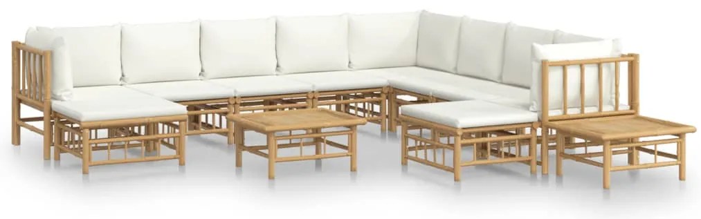 vidaXL Σαλόνι Κήπου Σετ 12 τεμ. από Μπαμπού με Λευκά Κρεμ Μαξιλάρια