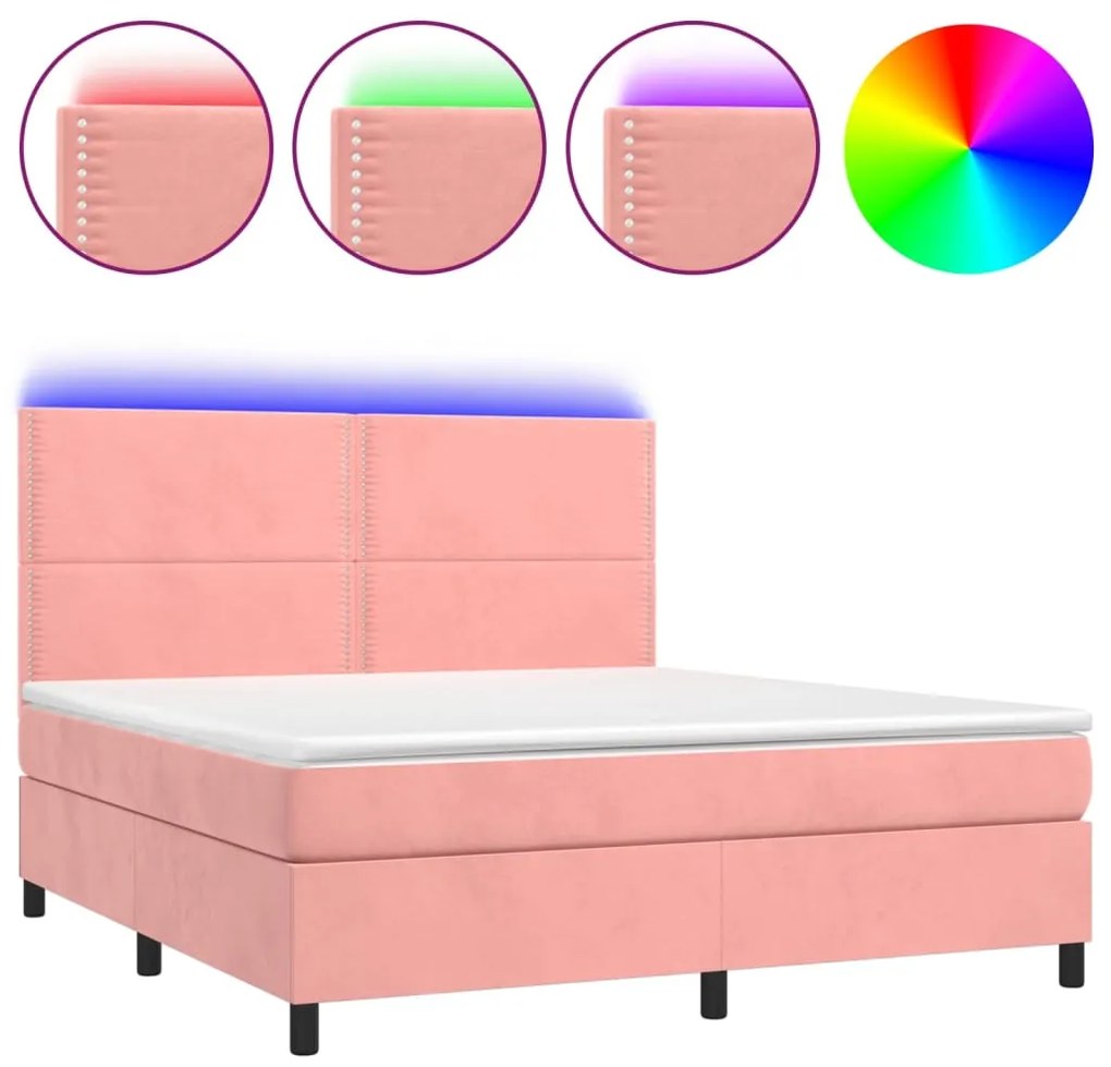 vidaXL Κρεβάτι Boxspring με Στρώμα & LED Ροζ 160x200 εκ. Βελούδινο