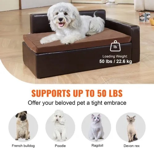 VEVOR Pet Sofa, Dog Couch for Medium-Sized Dogs and Cats, Soft Leather Dog Sofa Bed, 110 lbs Loading Cat Sofa, Black