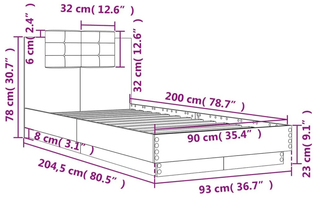 Πλαίσιο Κρεβατιού με Κεφαλάρι Γκρι Sonoma 90x200 εκ. Επεξ. Ξύλο - Γκρι