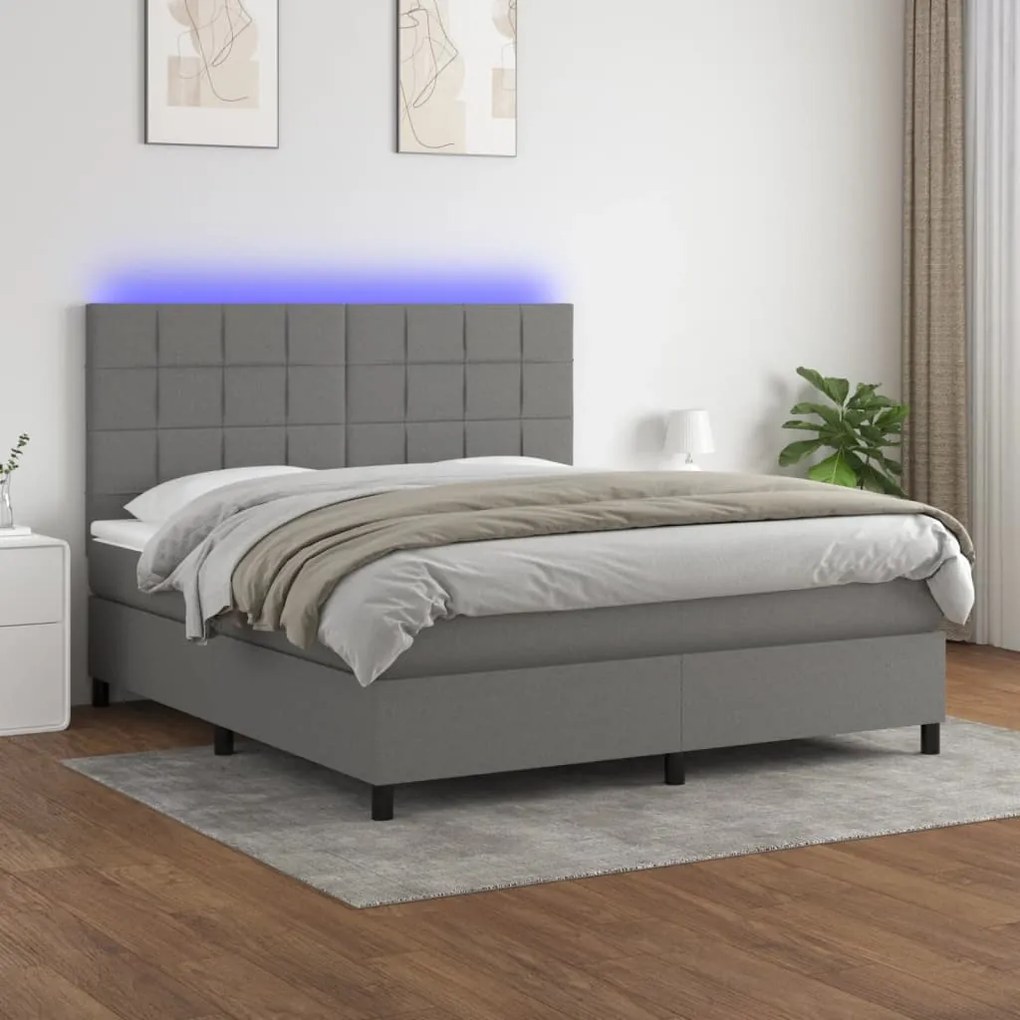 vidaXL Κρεβάτι Boxspring με Στρώμα & LED Σκ.Γκρι 180x200 εκ Υφασμάτινο