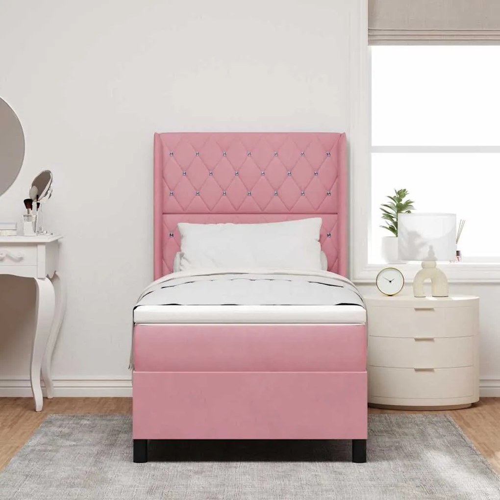 vidaXL Κρεβάτι Box Spring LED με Στρώμα Ροζ 100 x 200 cm Βελούδο