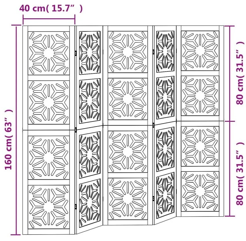 Διαχωριστικό Χώρου με 5 Πάνελ Καφέ/Μαύρο Μασίφ Ξύλο Παυλώνιας - Καφέ