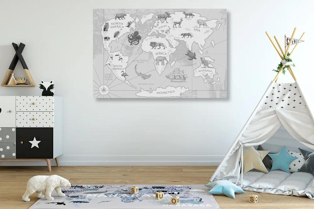 Εικόνα σε φελλό ενός ασπρόμαυρου παγκόσμιου χάρτη με ζώα - 120x80  peg