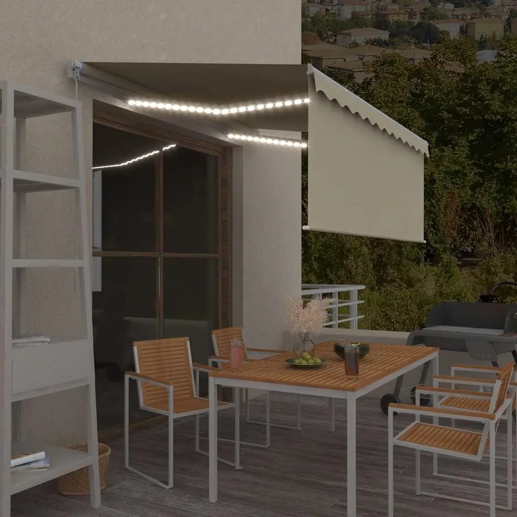 vidaXL Τέντα Συρόμενη Χειροκίνητη με Σκίαστρο &amp; LED Κρεμ 3 x 2,5 μ.