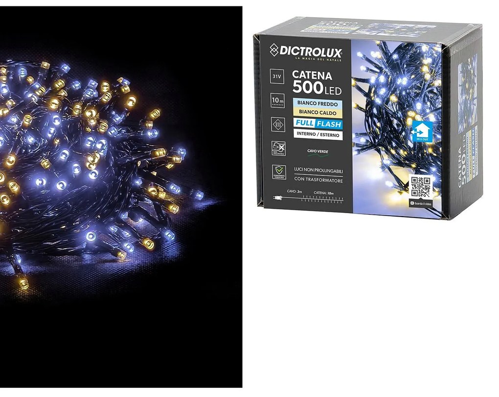 500 LED Εσωτ. &amp;amp; Εξωτ. Χώρου Με Μετασχηματιστή Ψυχρό Και Θερμό Λευκό Φως Πράσινο Καλώδιο Μη Επεκτεινόμενο IP44 31V 13m