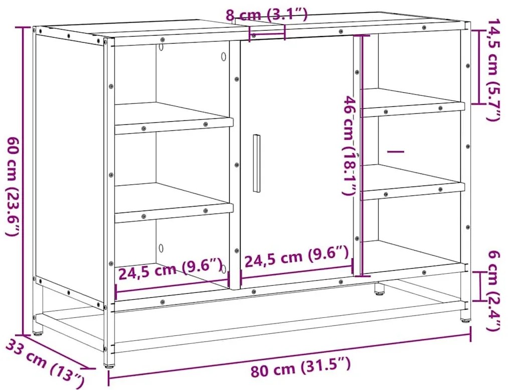 Ντουλάπι Μπάνιου Νιπτήρα Καπνιστή Δρυς 80x33x60 εκ. Επεξ. Ξύλο - Καφέ