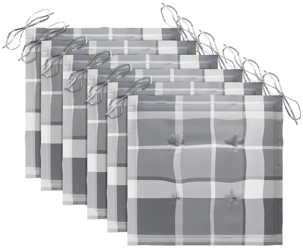 vidaXL Καρέκλες Κήπου 6 τεμ. Μασίφ Ξύλο Teak με Γκρι Καρό Μαξιλάρια