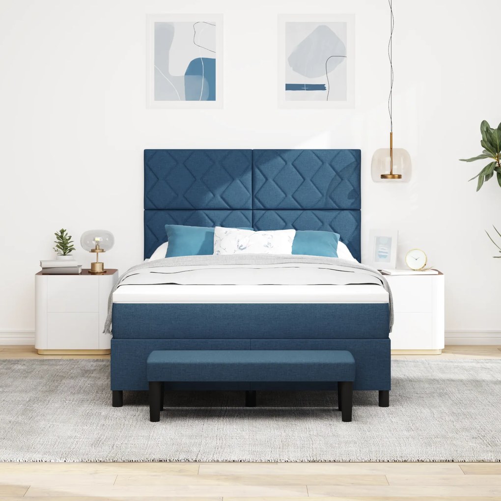 vidaXL Κρεβάτι box spring με στρώμα και πάγκο μπλε 140x190 εκ Ύφασμα