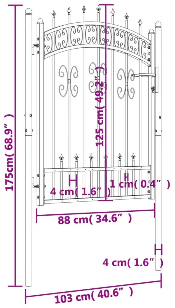 vidaXL Πόρτα Φράχτη με Ακίδες Μαύρη 103x175 εκ. Ατσάλι με Ηλεκτρ. Βαφή